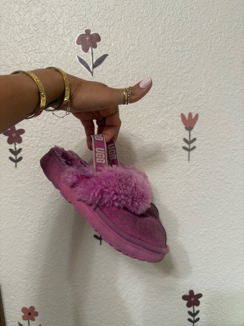 UGG Kids Pink Fuzzy Slide with Branded Heel Strap